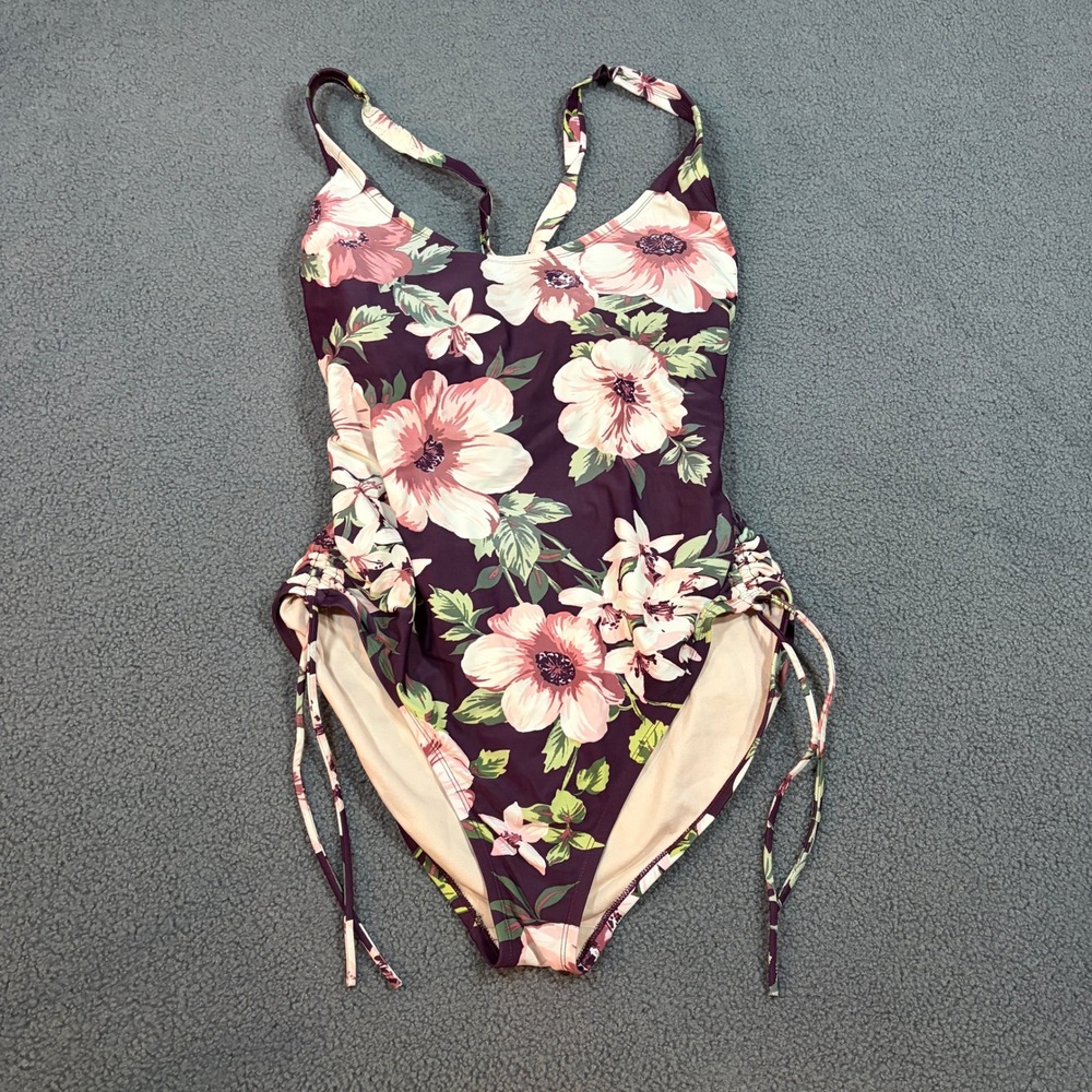 Kona Sol One Piece Swimsuit Womens XL Purple Floral Ruched Side Tie Cross Back